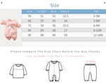 Unicorn Baby Jumpsuit Pink Romper | Hushies Soft Bow size chart showing measurements for infant baby clothing