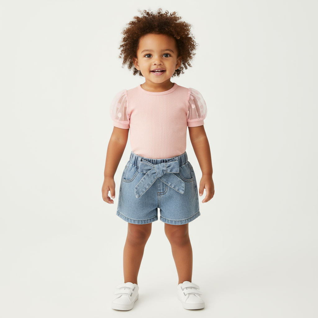 A happy child wearing cute kids clothing, showcasing a playful poke dot sleeve top paired with fashionable denim shorts, standing confidently in a bright white background.