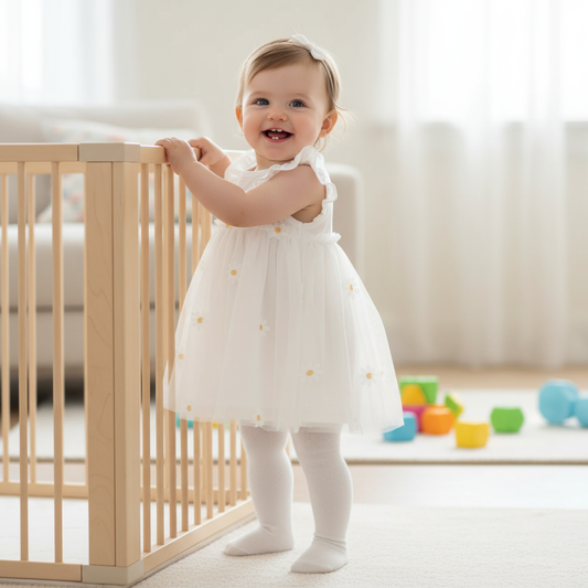 Baby Girl Charming Daisy Romper Dress - Cotton Comfort showcased on a smiling baby girl standing by a playpen, emphasizing the cute daisy design and comfortable fit of the baby girl romper.