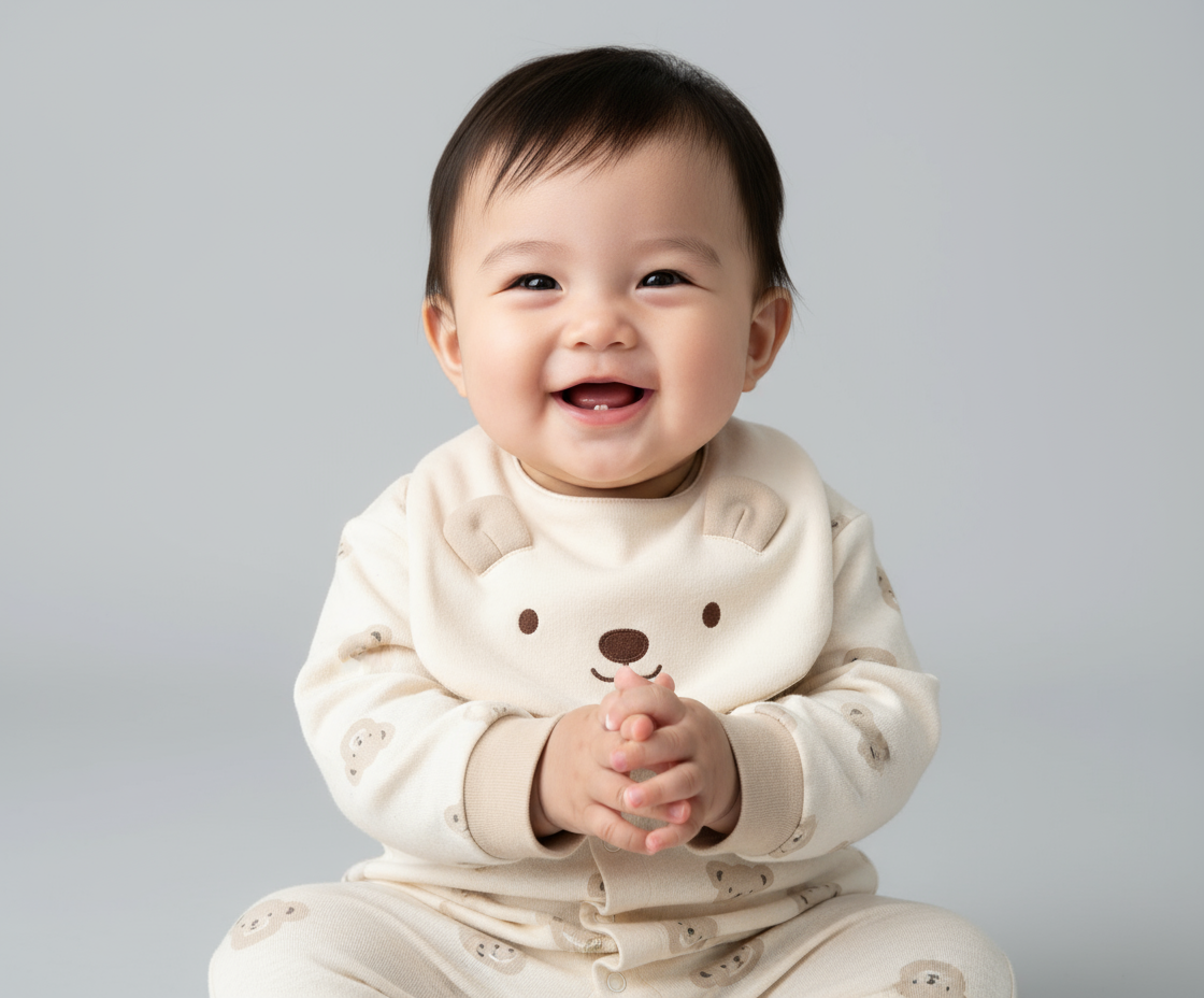 Happy infant wearing Baby Bear Jumpsuit & Bib Set for Infants, smiling joyfully while showcasing the playful bear design and soft cotton material.