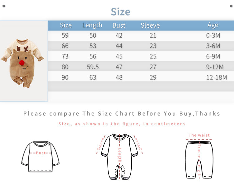 Adorable Reindeer Baby Jumpsuit - Cozy Gender Neutral Outfit for Festive Holidays with infant size chart showing measurements and age range guidance