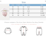 Baby clothing size chart with a white deer-print top and pink floral shorts.