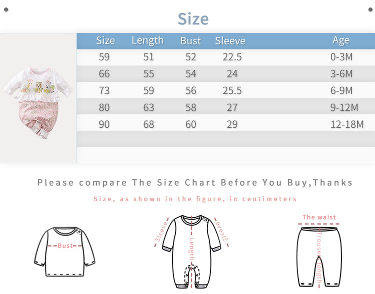 Baby clothing size chart with a white deer-print top and pink floral shorts.
