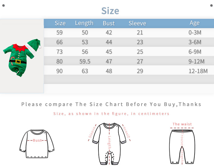 Green Elf Jumpsuit Babies | Soft Gender Neutral Holiday size chart showing length, bust, sleeve measurements for infant jumpsuits