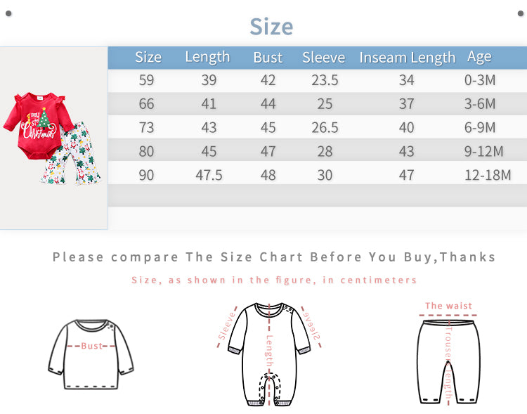 Baby Girls First Christmas Outfit – Ruffle Bodysuit Set with infant size chart showing length, bust, sleeve, inseam, and age guidance