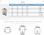 Gray Striped Baby Suit With Bow Tie - size chart showing length, bust, sleeve measurements, and age range guide