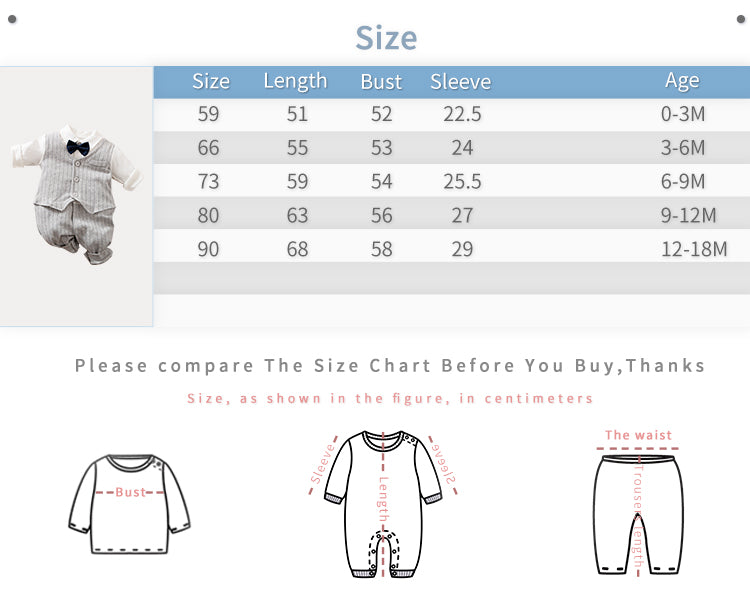 Gray Striped Baby Suit With Bow Tie - size chart showing length, bust, sleeve measurements, and age range guide