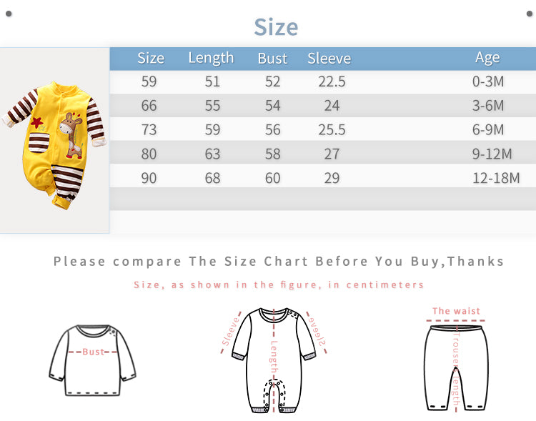 Soft yellow baby jumpsuit with striped sleeves and a giraffe design.