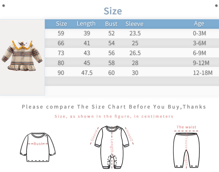 Baby clothing size chart with measurements and illustrations of baby garments.