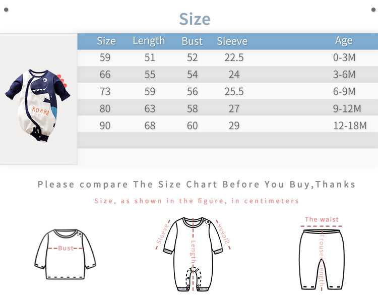 Soft Cotton Baby Dinosaur Jumpsuit With Cute Design, Long Sleeve & Easy Snap Closure size chart showing measurements for infant jumpsuit