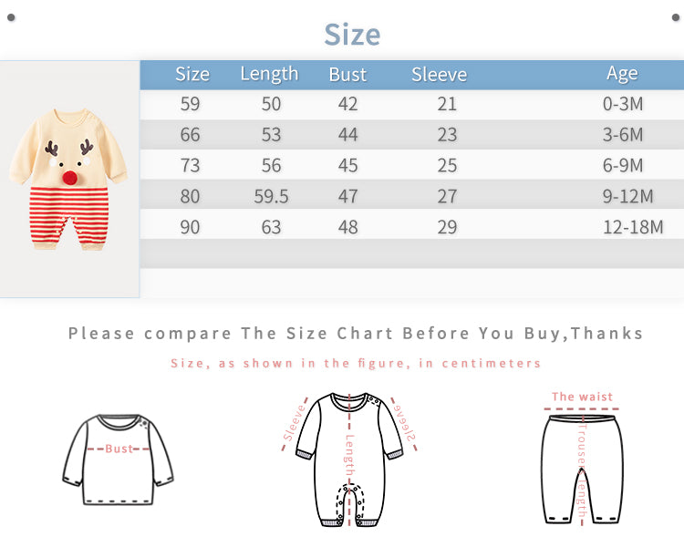 Holiday Jumpsuit For Baby With Playful Elk Design And Cozy Red Stripes featuring detailed size chart and infant baby clothing measurements