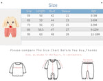 Holiday Jumpsuit For Baby With Playful Elk Design And Cozy Red Stripes featuring detailed size chart and infant baby clothing measurements