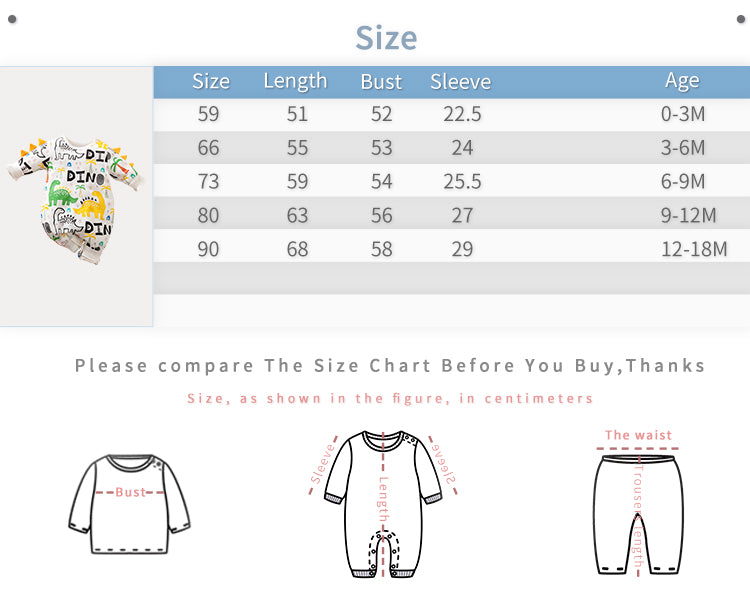Baby Dinosaur Jumpsuit With 3D Spikes, Soft Cotton, Easy Snap Closure for Infants & Toddlers size chart with age and measurements