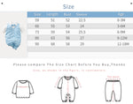 Baby jumpsuit size chart with measurements and age range