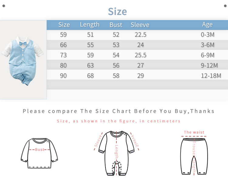 Baby jumpsuit size chart with measurements and age range
