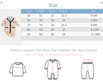 Beige baby jumpsuit with a checkered collar, dark trim, displayed with a size chart.