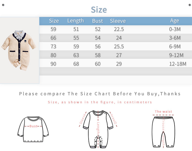 Beige baby jumpsuit with a checkered collar, dark trim, displayed with a size chart.