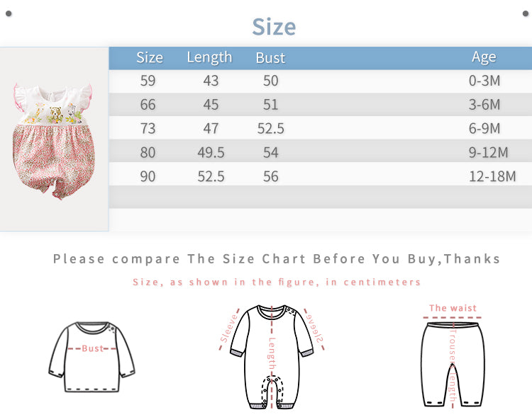 Baby romper size chart with measurements and age range