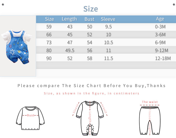 Cozy Baby Blue Romper with Star Print by Hushies - Soft Cotton baby romper with snap buttons shown with size chart and measurements guide