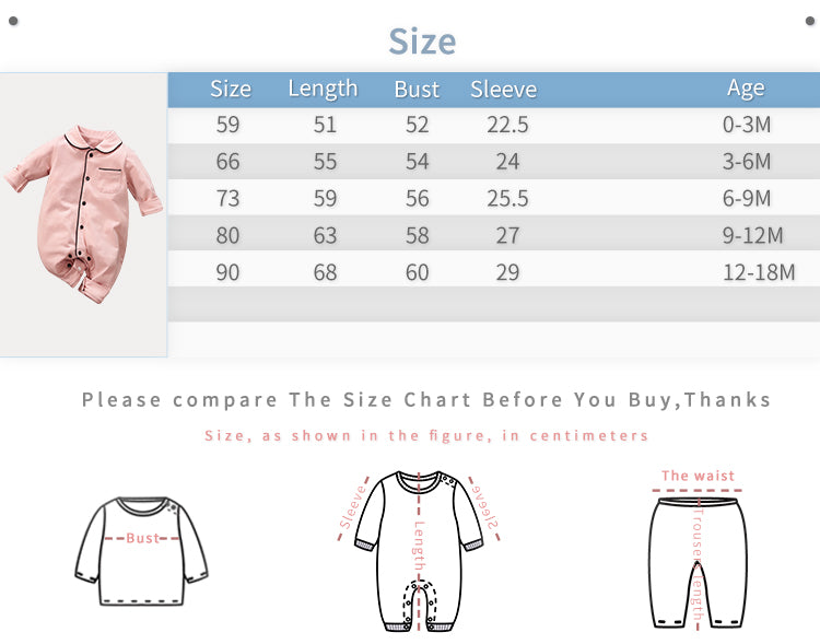 Baby sleepwear size chart with measurements and age range