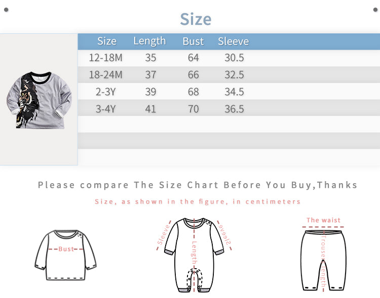 Size chart for children's clothing with measurements in centimeters