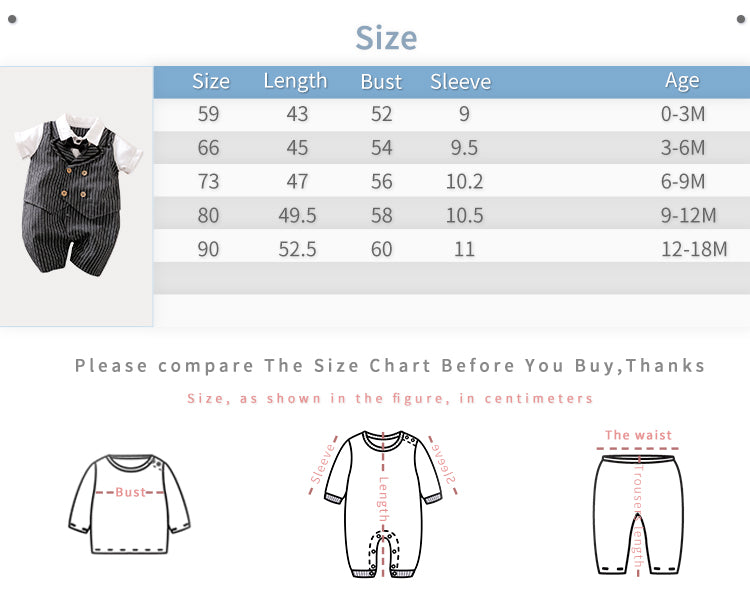 Gentleman Outfit for Baby Jumpsuit - Pinstripe Set | Hushies showing size chart and measurements for infant baby romper in centimeters