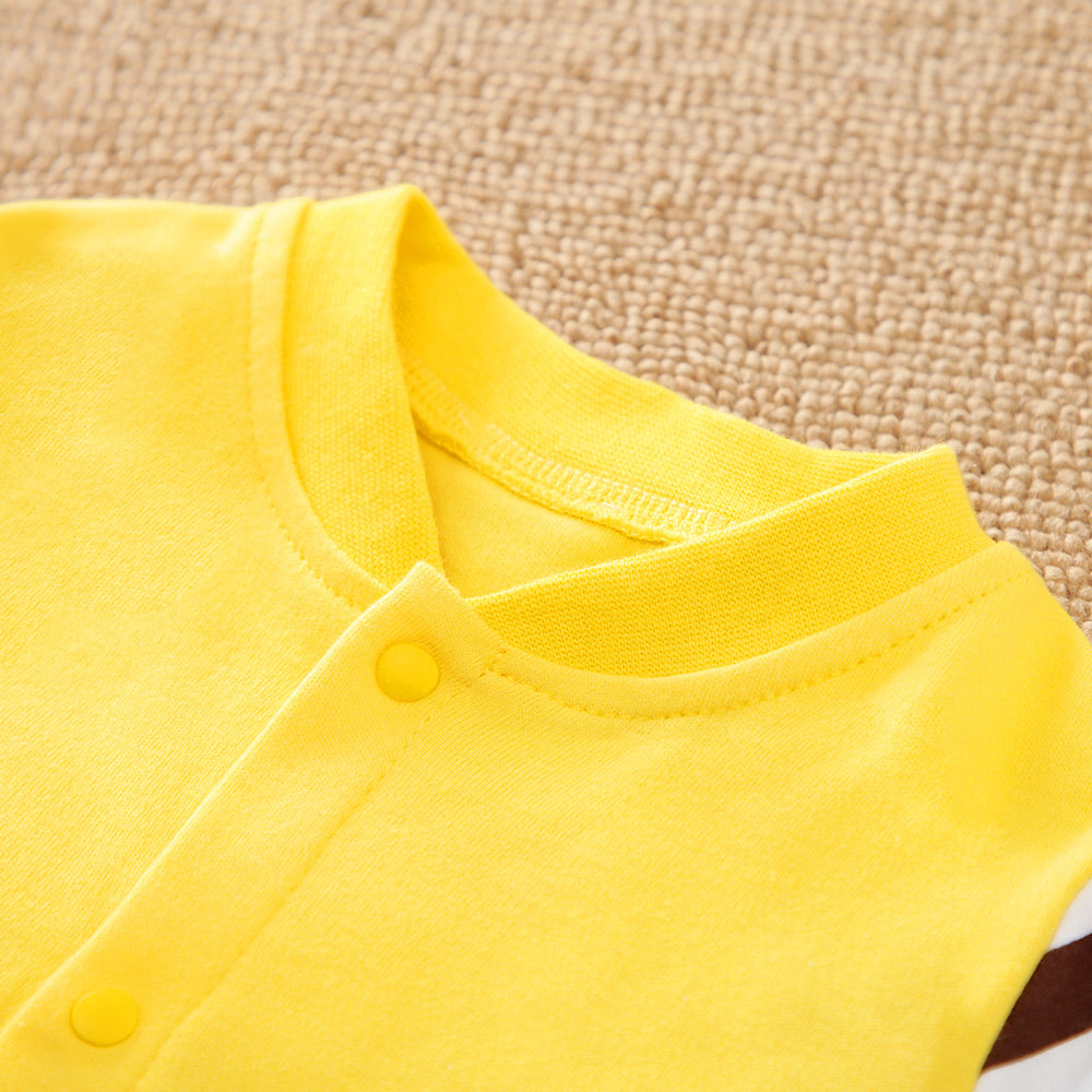 Yellow soft cotton baby garment with snap buttons and a ribbed collar.