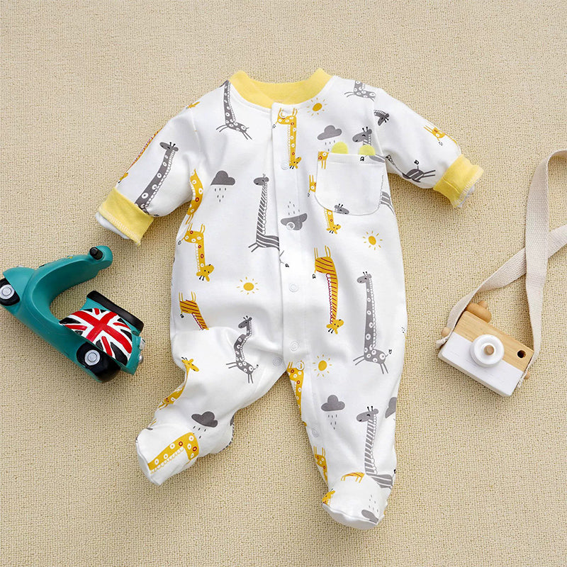 Unisex Giraffe Baby Outfit - 100% Cotton Footed Jumpsuit with Snap Closure for Comfort featuring playful giraffe print and cozy design