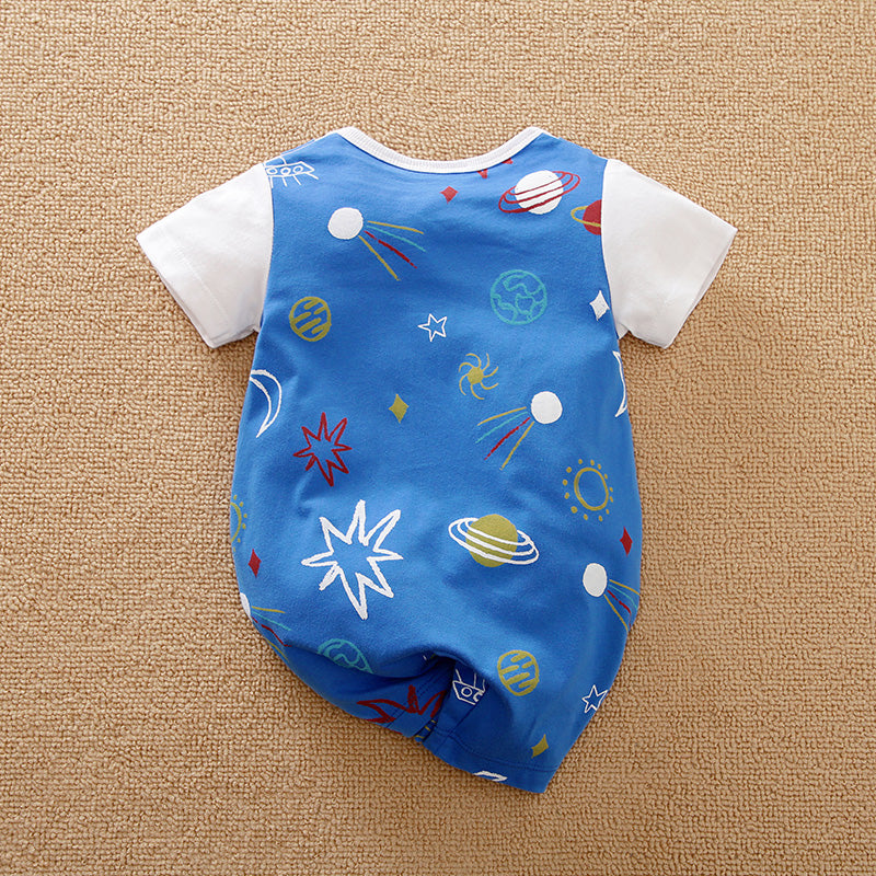 Cozy Baby Blue Romper with Star Print by Hushies - Soft cotton baby romper with planets and stars, snap closure for easy dressing