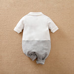 Gray Striped Baby Suit With Bow Tie - Stylish Outfit for Special Occasions shown from back with cuffed sleeves and snap button pants