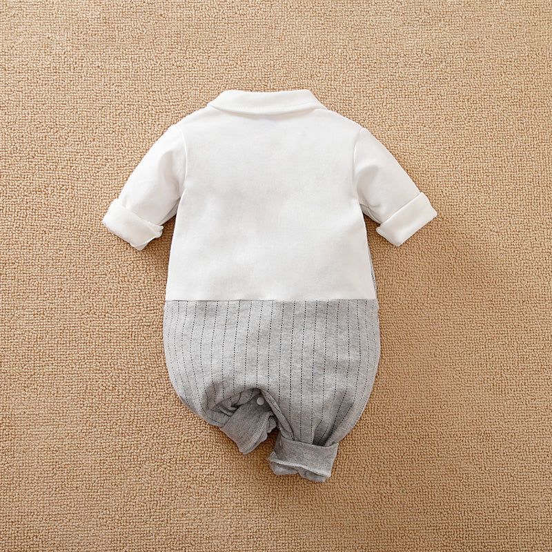 Gray Striped Baby Suit With Bow Tie - Stylish Outfit for Special Occasions shown from back with cuffed sleeves and snap button pants