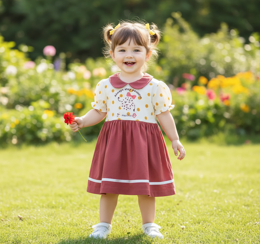 Adorable Toddler Dress With Collar - Stay Positive Cookie Design, showcasing a joyful girl in a garden holding a flower, wearing a toddler dress with collar, featuring playful cookie design.