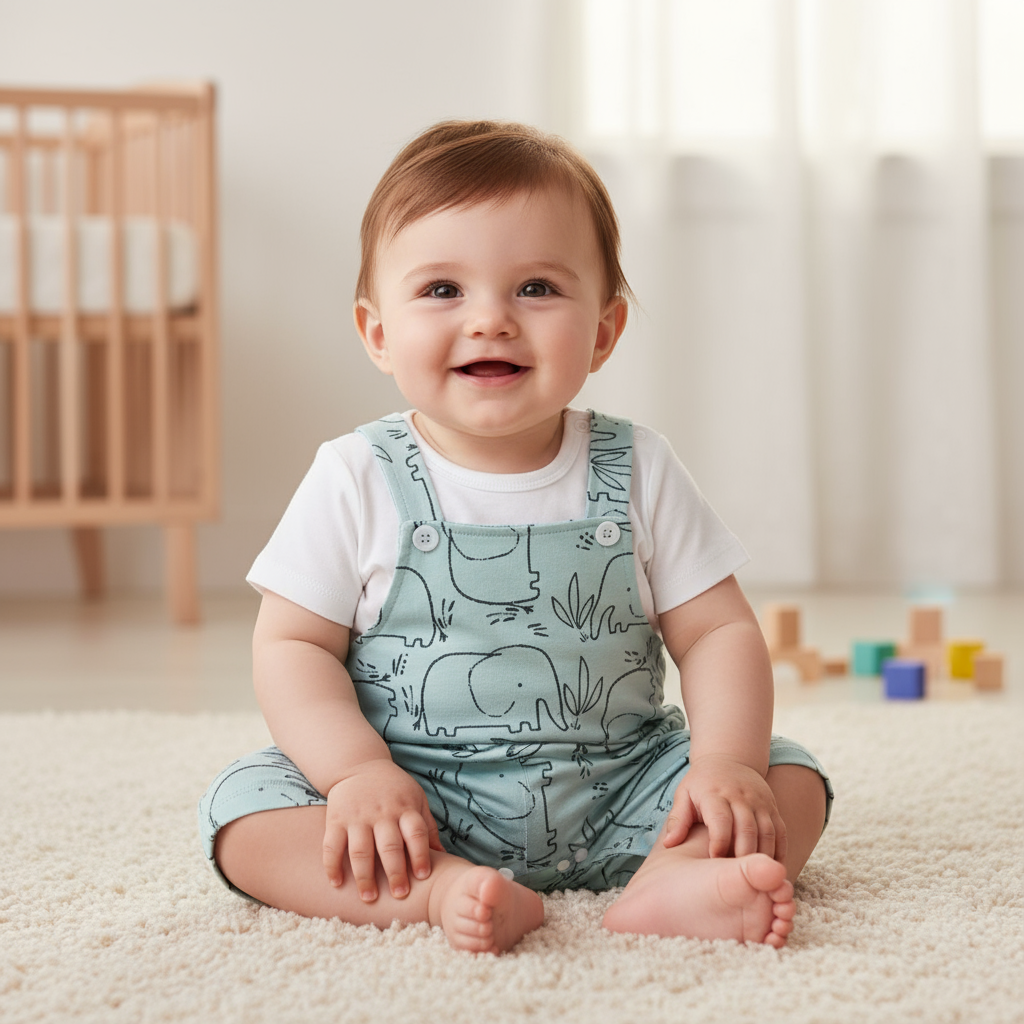Happy baby wearing a unisex baby romper with adorable elephant print, showcasing soft cotton material and easy snap closures, perfect for play.