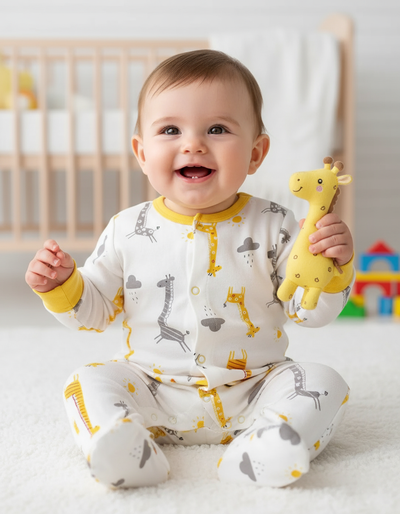 Happy baby wearing a Unisex Giraffe Baby Outfit, smiling while holding a plush giraffe toy, showcasing the adorable footed jumpsuit design.