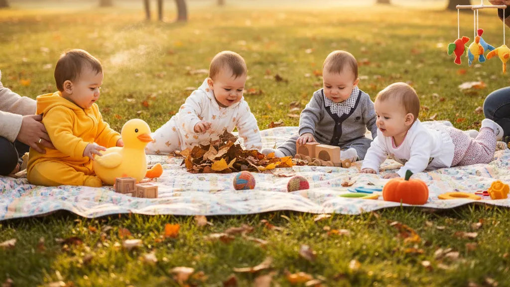 Group of babies playing outdoors on a blanket, with one wearing the Baby Girl Deer Heart Jumpsuit, Soft Cotton, Long Sleeve by Hushies, perfect for charming family moments.