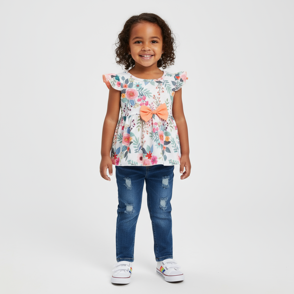 Adorable Toddler Girls Outfit: Floral Peplum Top With Ruffled Sleeves & Denim Jeans Set displayed by a cheerful little girl standing confidently in a floral peplum top and stylish denim jeans.