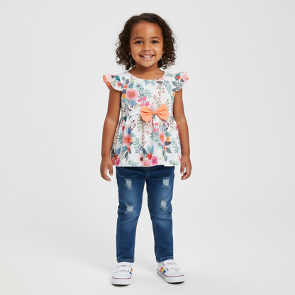 Adorable Toddler Girls Outfit: Floral Peplum Top With Ruffled Sleeves & Denim Jeans Set displayed by a cheerful little girl standing confidently in a floral peplum top and stylish denim jeans.