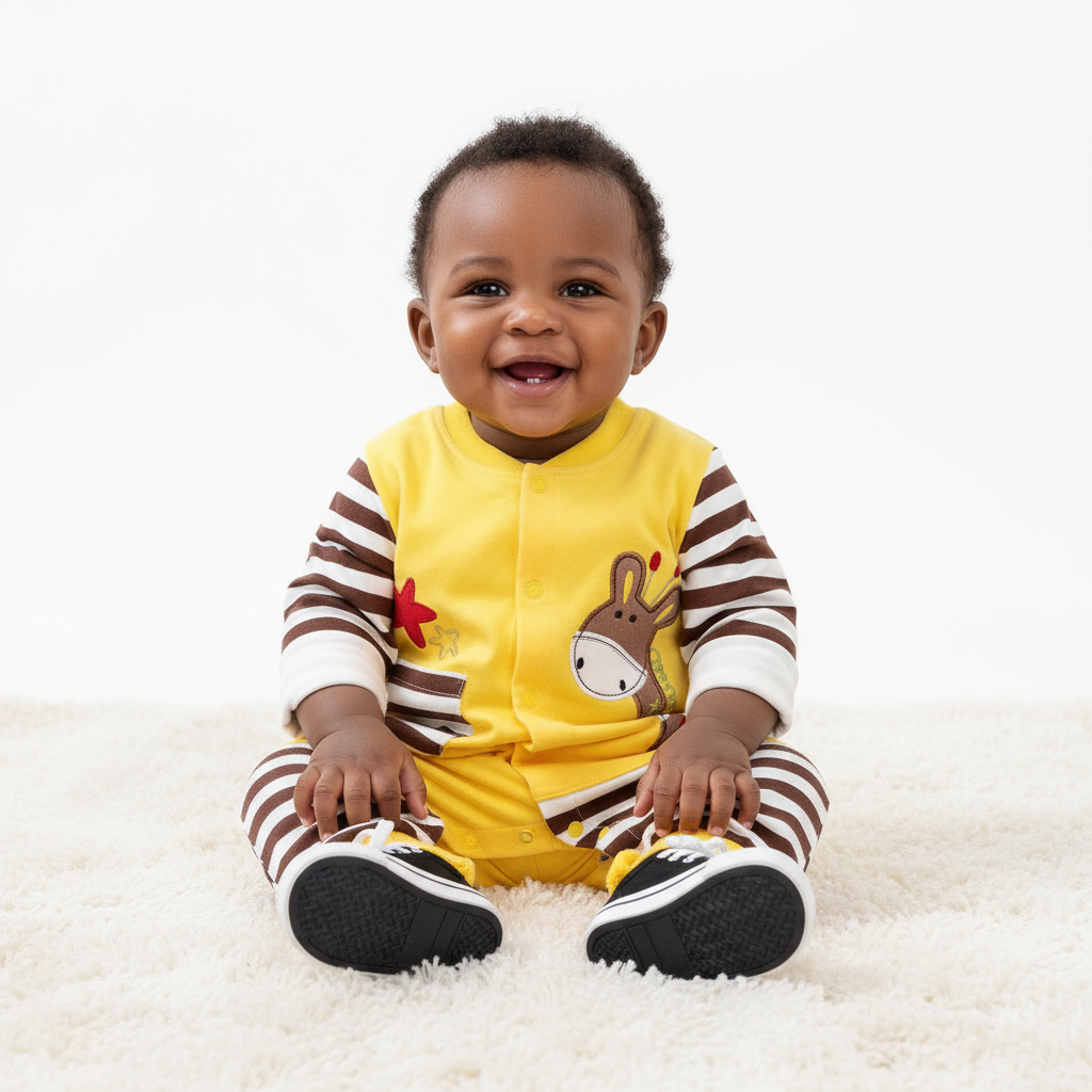 Baby Boy Jumpsuit in Soft Cotton with Giraffe & Star Designs, Snap Closure & Striped Sleeves, showcasing a joyful baby sitting on a soft rug in a playful outfit.