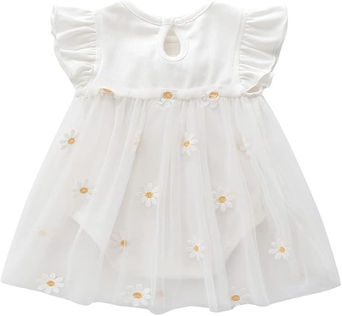 White baby romper dress with ruffled sleeves and daisy embroidered tulle skirt.