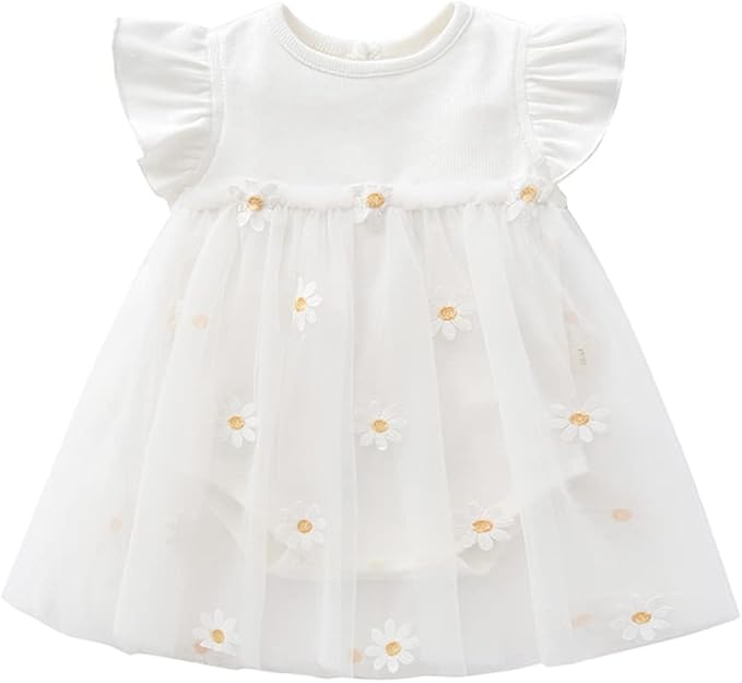 White cotton baby dress with ruffled sleeves and sheer skirt with daisies.