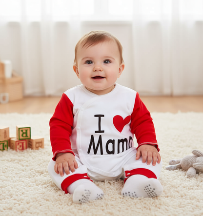 Adorable baby wearing the 'I Love You Mama' baby jumpsuit, smiling while sitting on a soft rug, perfect for new parents.