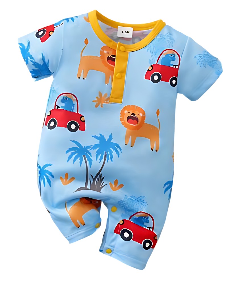 Lion & Wheels Playtime Baby Boy Romper displayed prominently, showcasing its vibrant lion and car print, designed for boys ready for playful exploration.