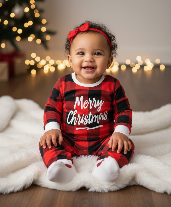 Cute baby wearing a Gender Neutral Baby Jumpsuit with festive plaid design, smiling in front of holiday lights. Perfect for Christmas gatherings.