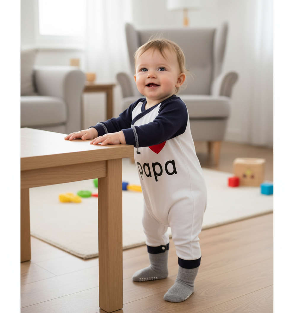 Adorable Unisex Baby Jumpsuit - I Love You Papa Design in Soft Cotton for Newborns. A toddler standing at a table in the cozy jumpsuit, ready for fun.