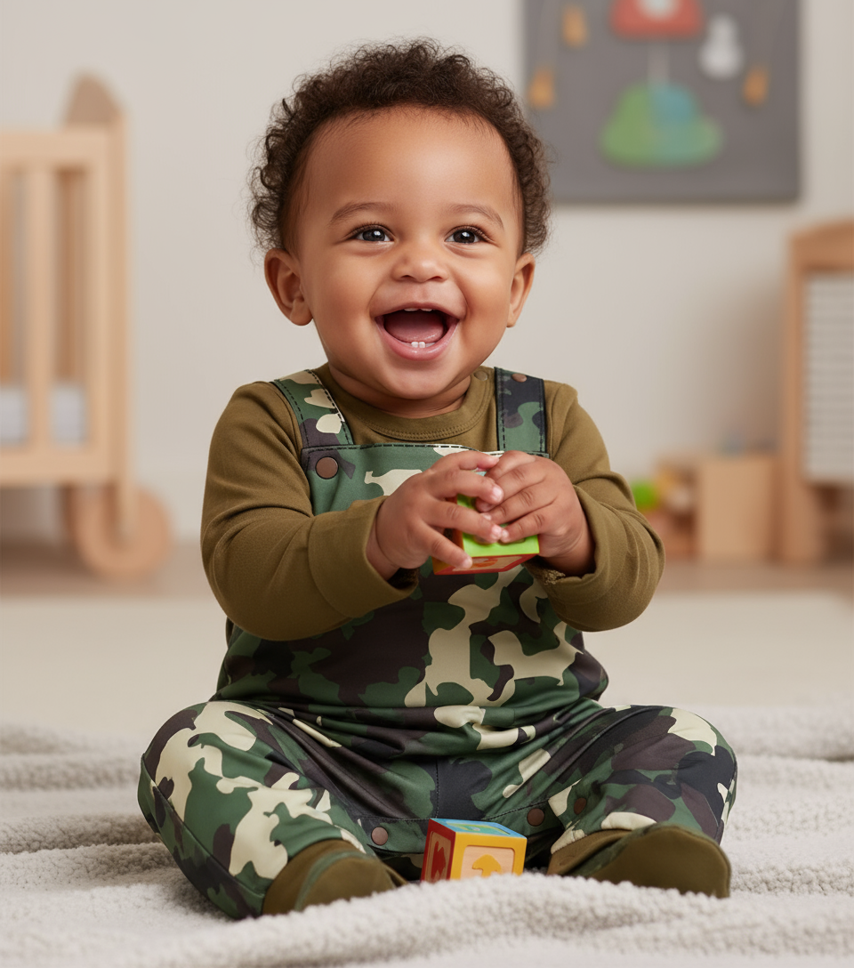 Happy baby boy in camouflage print jumpsuit, smiling while holding a toy, showcasing camouflage baby clothes.