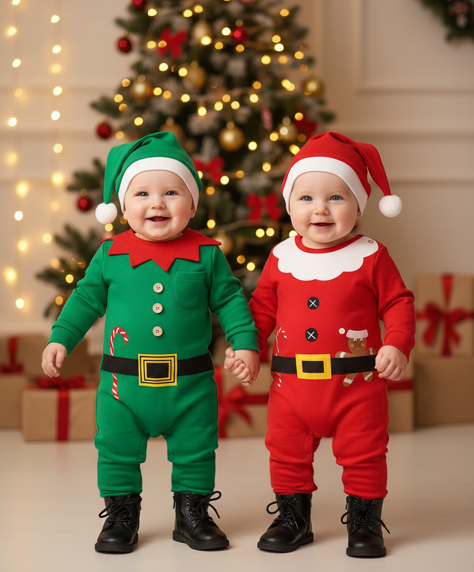 Two adorable babies dressed in a Green Elf Jumpsuit and Hat and red Santa outfit, holding hands in front of a beautifully decorated Christmas setting.