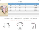 Cute Cow Print Baby Jumpsuit in Soft Cotton for Girls with Footed Design & Snap Closure shown with size chart and measurements guide
