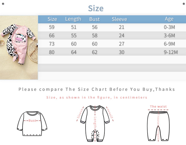 Cute Cow Print Baby Jumpsuit in Soft Cotton for Girls with Footed Design & Snap Closure shown with size chart and measurements guide