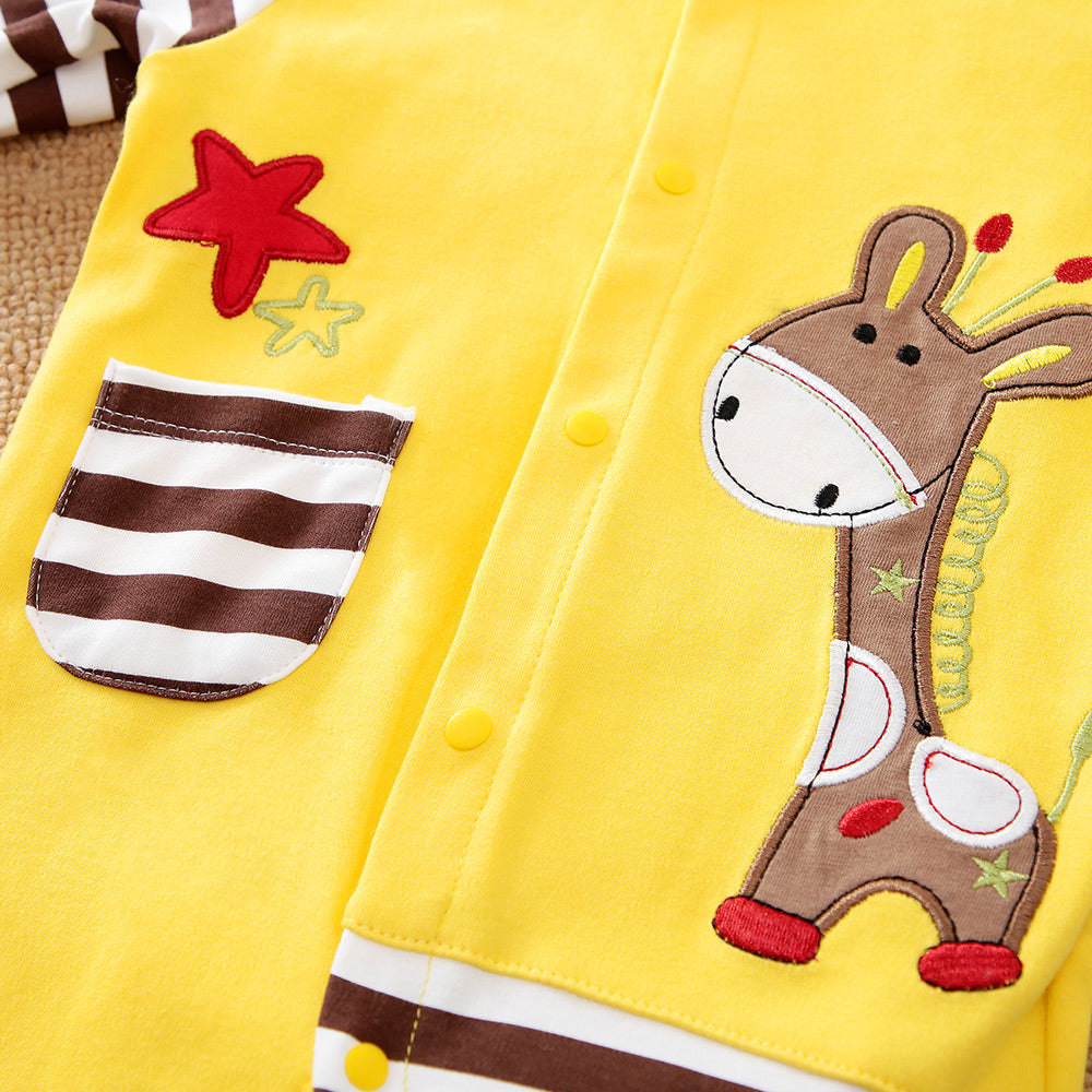 Yellow baby jumpsuit with a brown giraffe applique, striped pocket, and red star.
