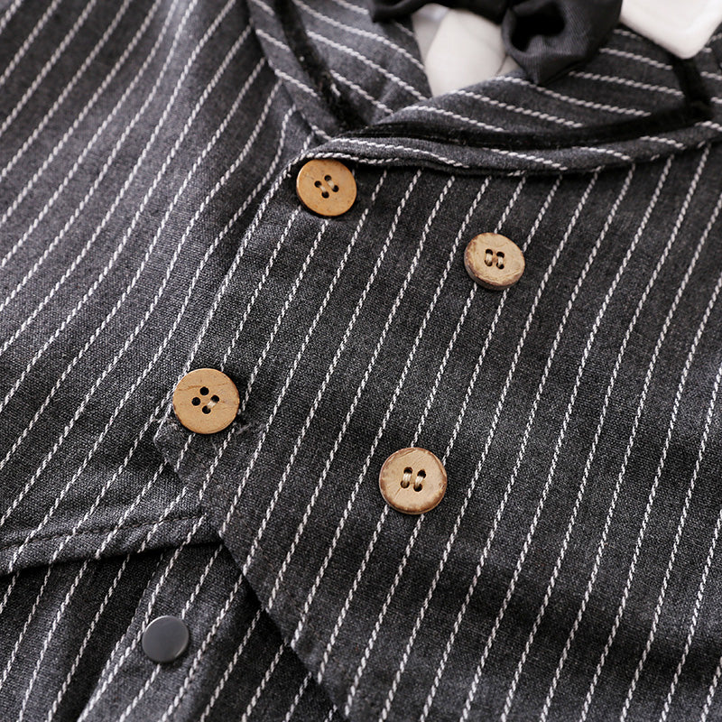 Gentleman Outfit for Baby Jumpsuit - Pinstripe Set | Hushies close-up showing wooden buttons on pinstripe fabric baby romper